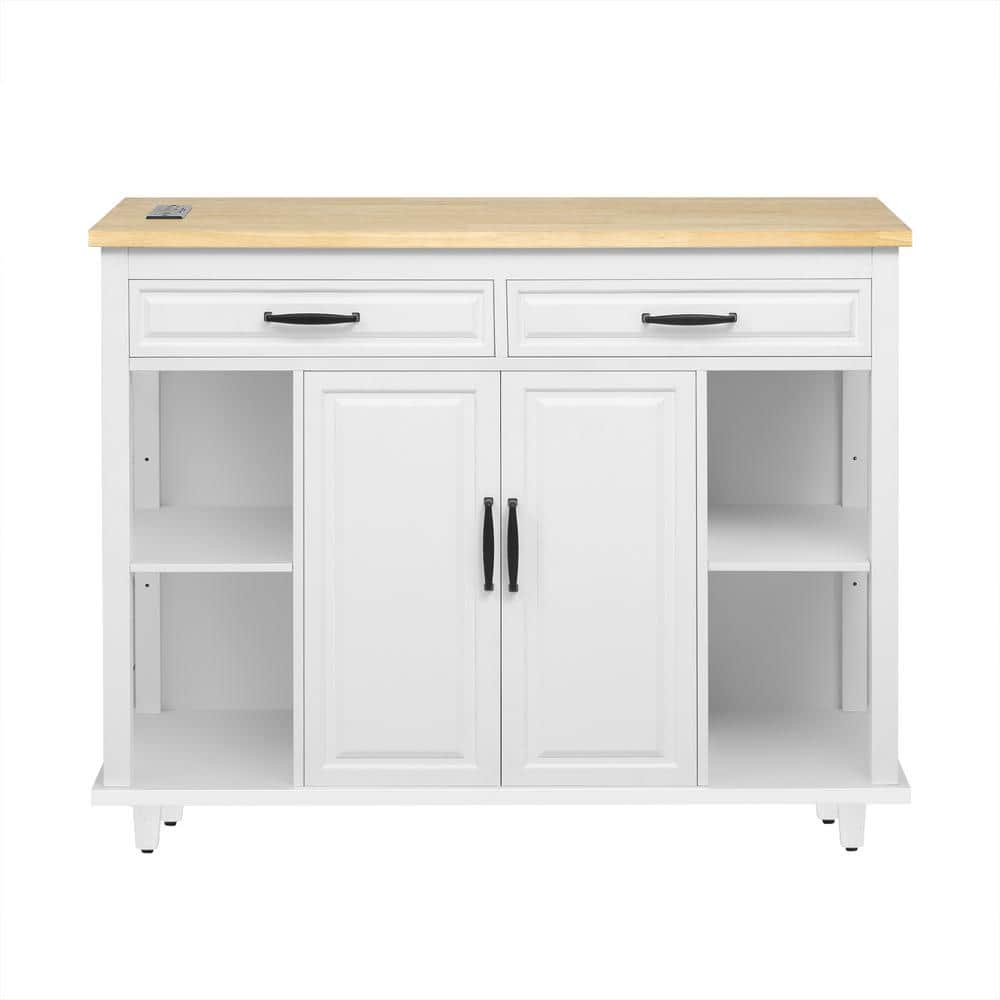 White Wood 47.2 in. Kitchen Island with Extendable Dining Table, Power Outlet and Storage Rack