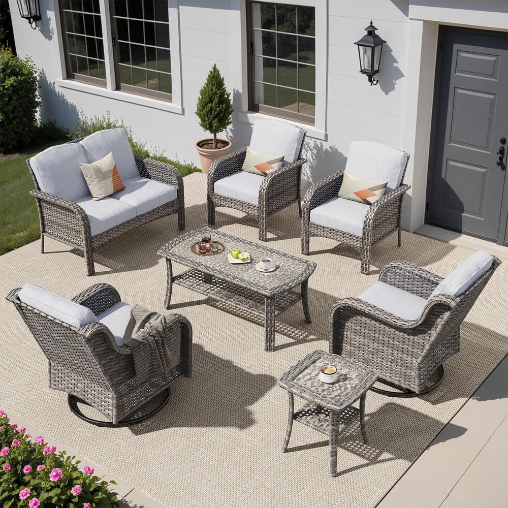 Mejy Gray 7-Piece Wicker Patio Conversation Set with Gray Cushions and Swivel Chairs price history on PriceWatchPro