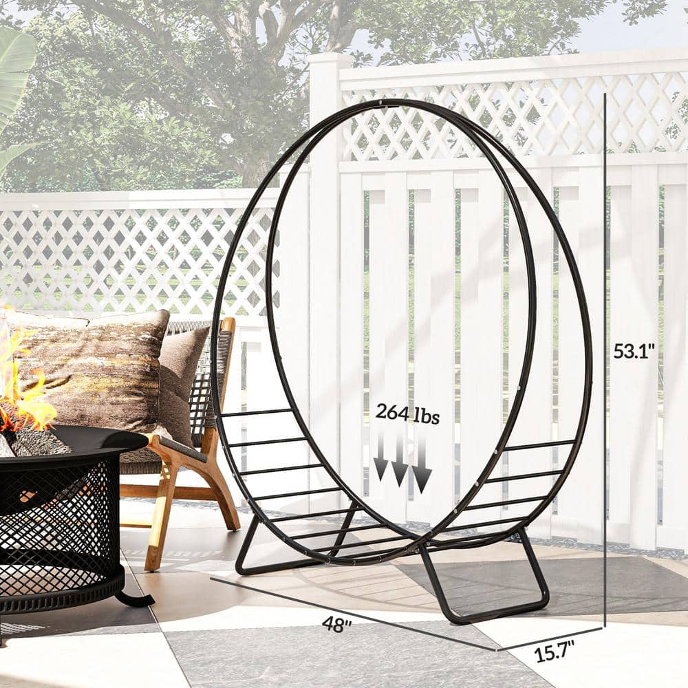 48" Black Powder-Coated Steel Firewood Rack with Waterproof Cover