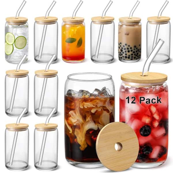 16 oz. 12-Pack Glass Cups with Bamboo Lids, Glass Straw and 4 Cleaning Brushes for Smoothie, Boba Tea, Whiskey, Water