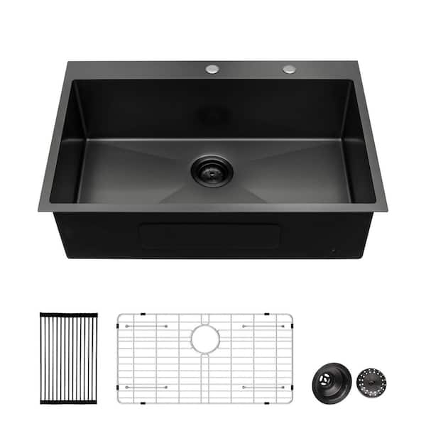 28 in. Drop-In Single Bowl 16 Gauge Gunmetal Black Stainless Steel Kitchen Sink with Bottom Grids
