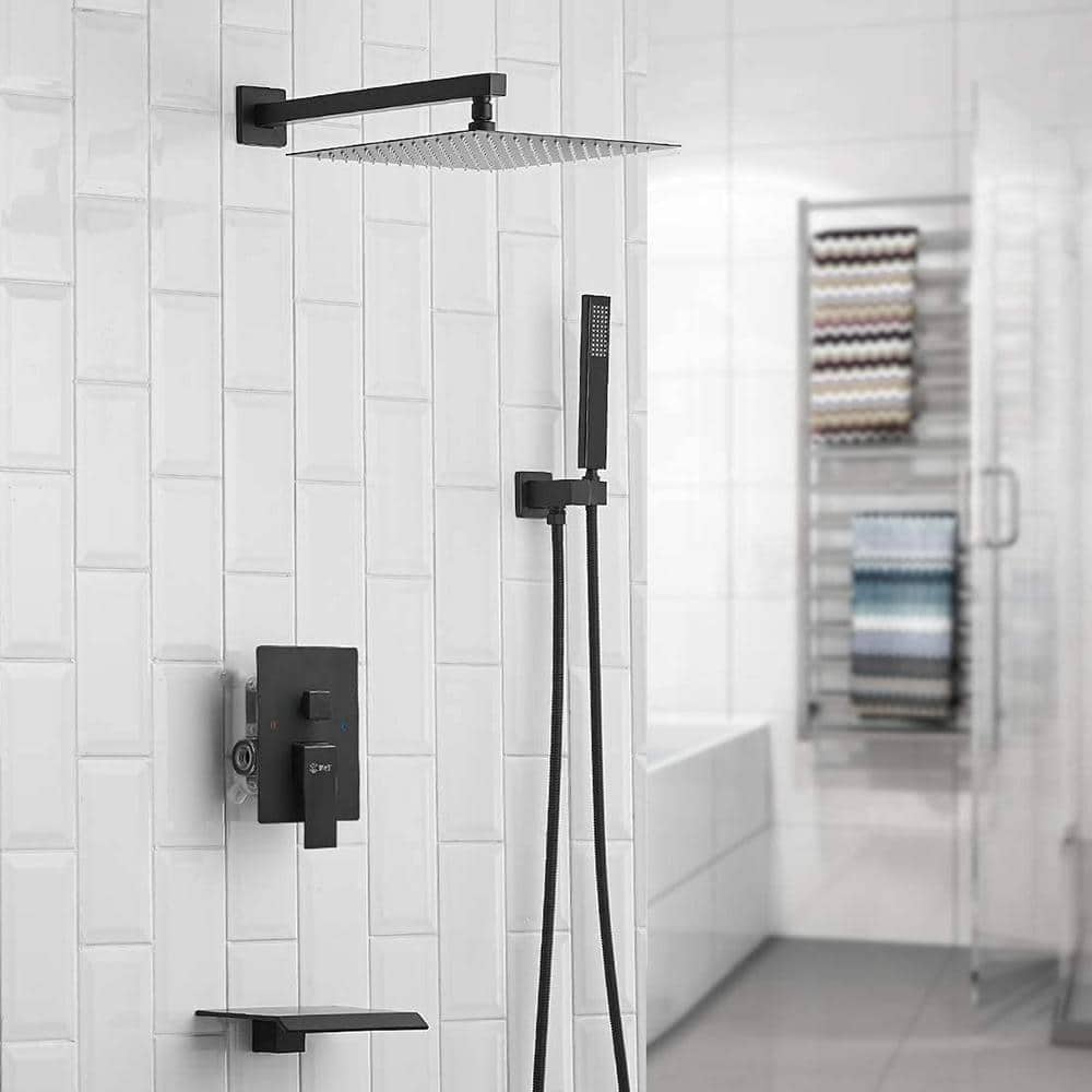 Matte Black 10-Inch Square Rainfall Shower Head with Handheld Spray
