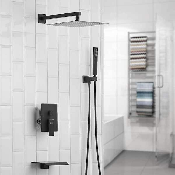 1-Spray 10 in. Square Rainfall Shower Head and Hand Shower with Bathtub Faucet in Matte Black (Valve Included)