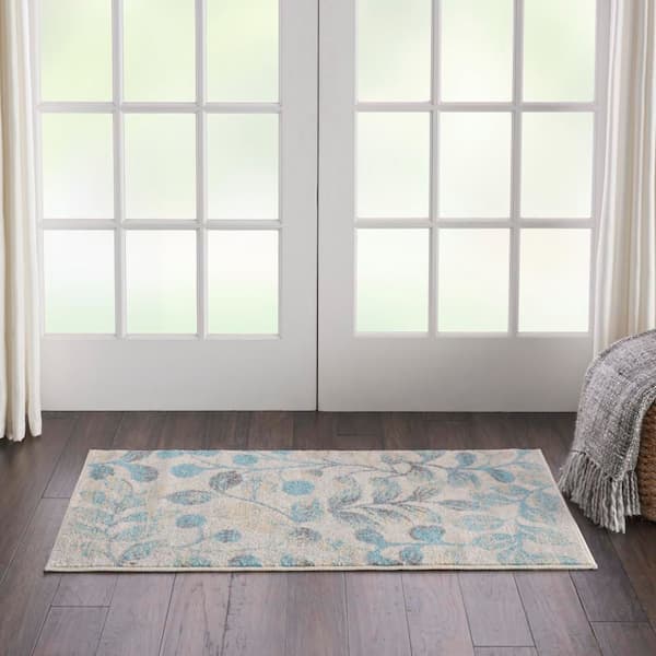Tranquil Ivory/Turquoise doormat 2 ft. x 4 ft. Floral Modern Kitchen Area Rug