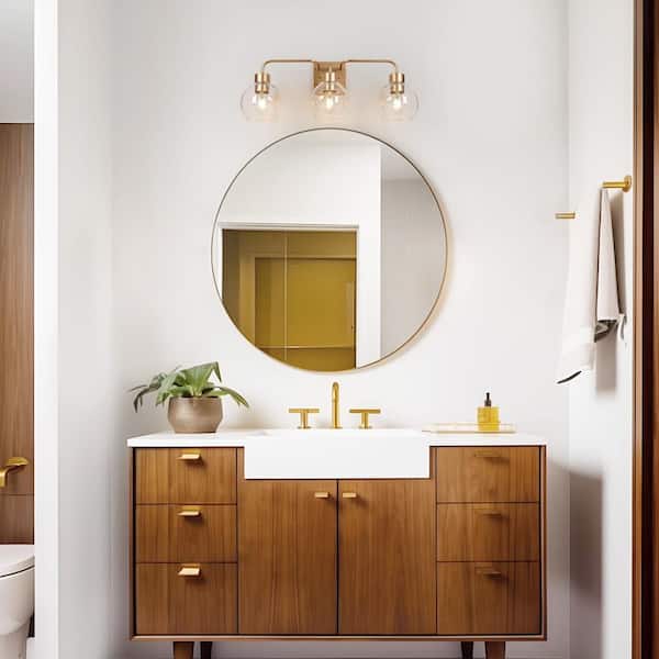 24.5 in. Modern Farmhouse 3-light Dark Gold Wall Sconce with Globe Clear Glass Shade, Vanity Light for Bathroom