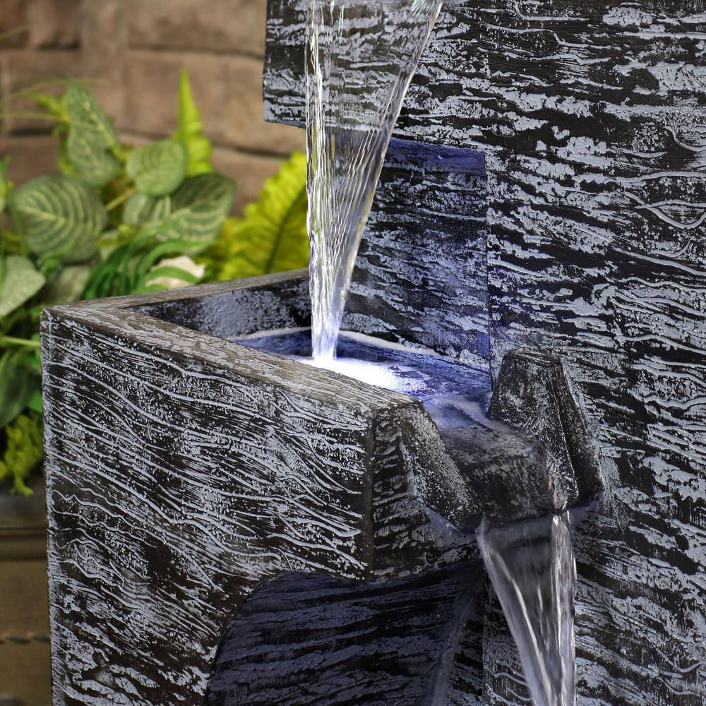 32-Inch Gray Polyresin Cascading Tower Outdoor Water Fountain with LED Lights