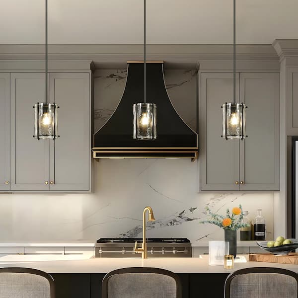 Fiorekaury Modern 1-Light Black Island Drum Pendant Light with Clear Textured Glass Shade for Dining Room