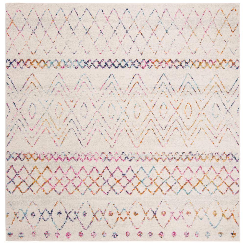 Ivory and Fuchsia Geometric Synthetic Square Area Rug