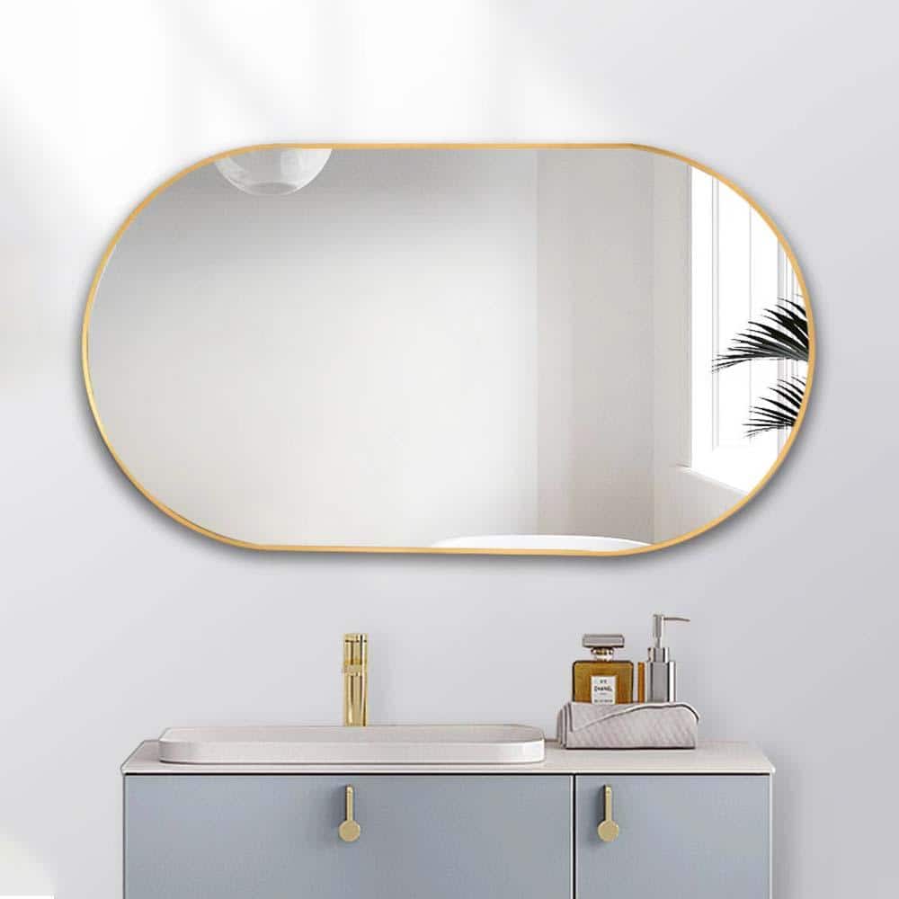 36 in. W x 18 in. H Oval Metal Framed Wall Mounted Bathroom Vanity Mirror in Gold LN0103MIO1