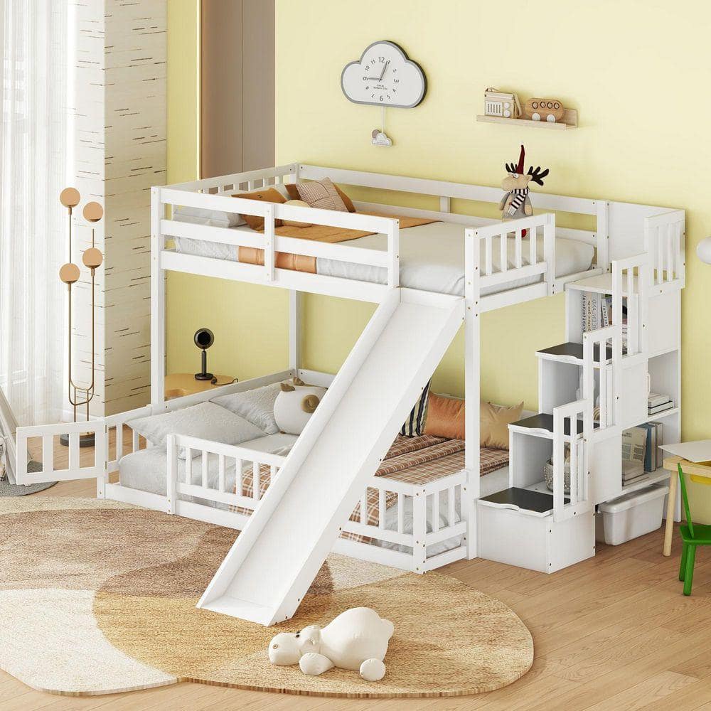Qualler White Twin Over Full Bunk Bed with Slide and Storage Staircase ...
