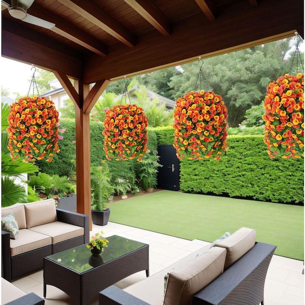 25 in. Orange Outdoor Artificial Morning Glory Flower in Basket