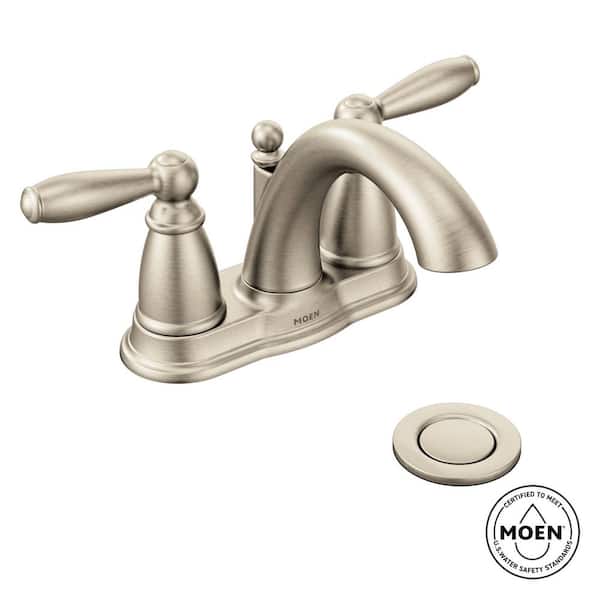 Brantford 4 in. Centerset 2-Handle Low-Arc Bathroom Faucet in Brushed Nickel with Metal Drain Assembly