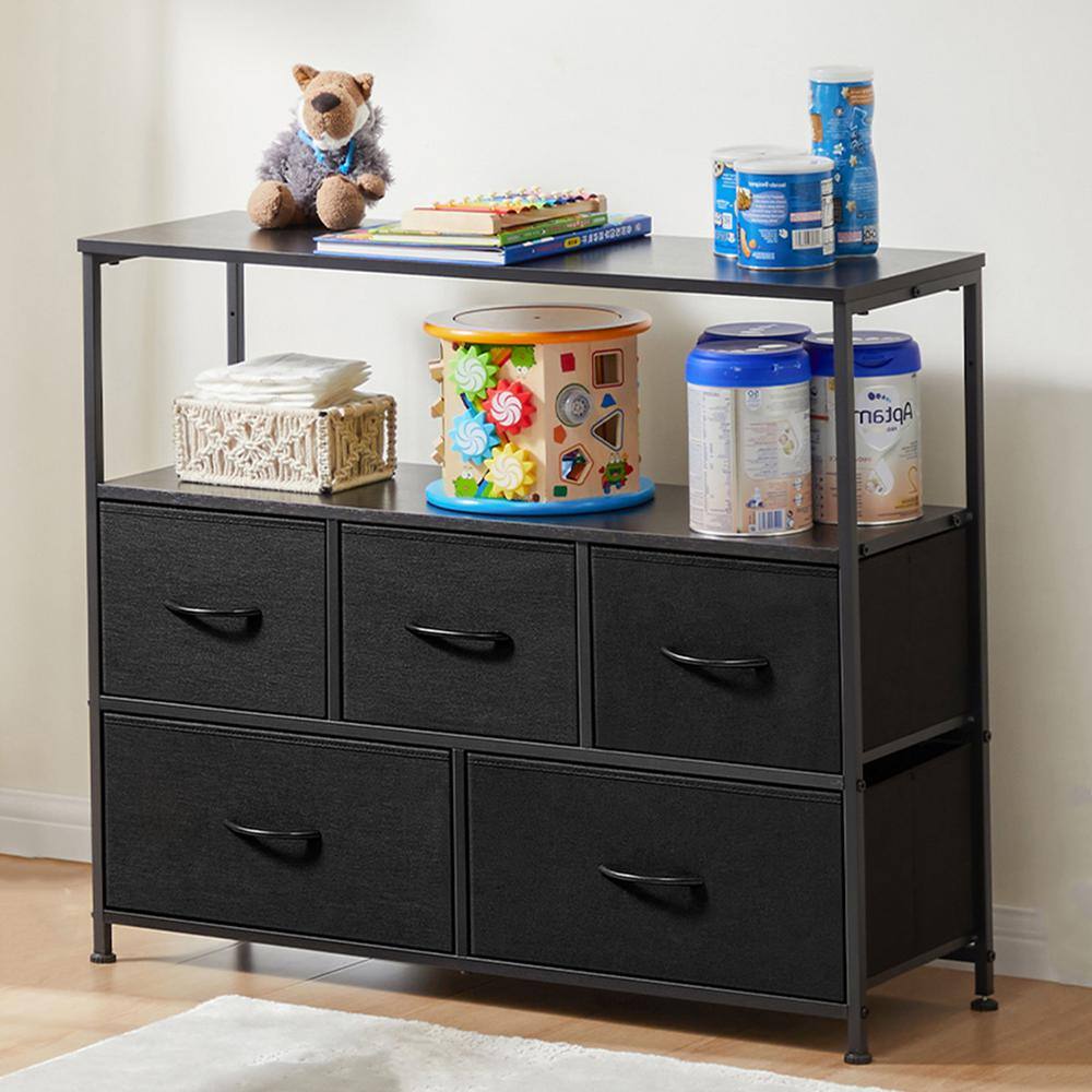 FIRNEWST Salvador Black 39.4 in. W 5Drawer Dresser with Fabric Bins
