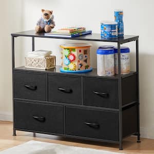 Salvador Black 39.4 in. W 5-Drawer Dresser with Fabric Bins and Steel Frame TV Stand Chest of Drawers