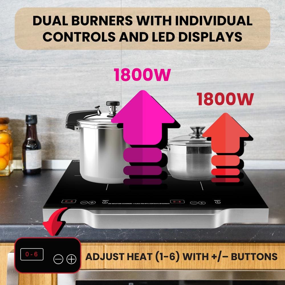 Black and Stainless Dual Burner Portable Induction Cooktop with Touch Control