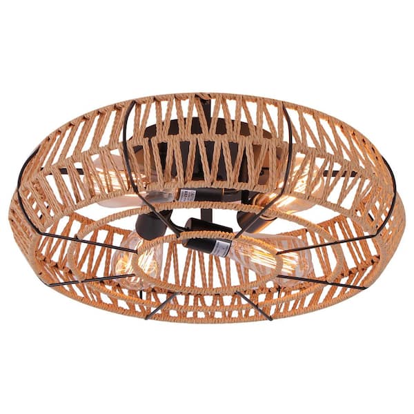 Keazile 19 in. 4-Light Matte Black Bohemian Flush Mount Ceiling Light with Rattan Shade for Living Room, Small Bedroom