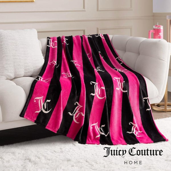 JUICY COUTURE Cabana Plush Hot Pink Striped Polyester 90 in. x 90