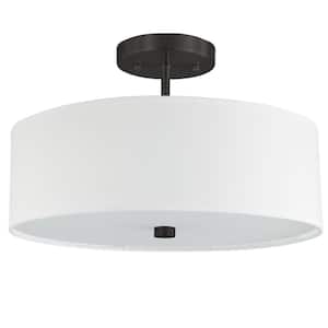 Everly 14.25 in. 3-Light Matte Black Semi-Flush Mount with White Fabric Shade