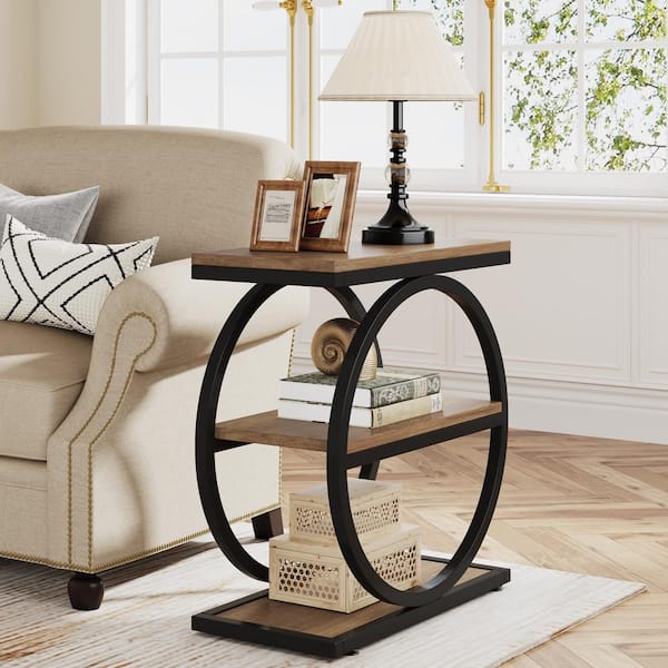 BYBLIGHT Kerlin 23.6 in. Brown Rectangle Wood End Table, Narrow End Table with 3-Storage Shelves, Industrial Sofa Side Table