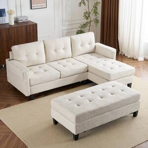 83 in. W Beige Chenille Full Size L-Shaped Sectional Couch Sofa Bed with Reversible Chaise and Movable Ottoman