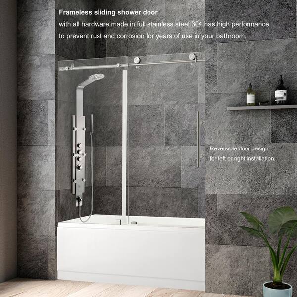 Roswell Villena 60 In W X 58 H Single Sliding Frameless Tub Door Brushed Nickel With Clear Glass 812160 Ss Bn Single Sliding Frameless Tub Door, Woodbridge Mbsdc6076 B Frameless Sliding Glass Shower Door