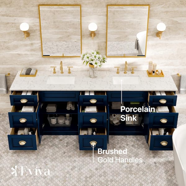 Epic 96 in. W x 22 in. D x 34 in. H Double Bathroom Vanity in Blue with White Quartz Top with White Sinks