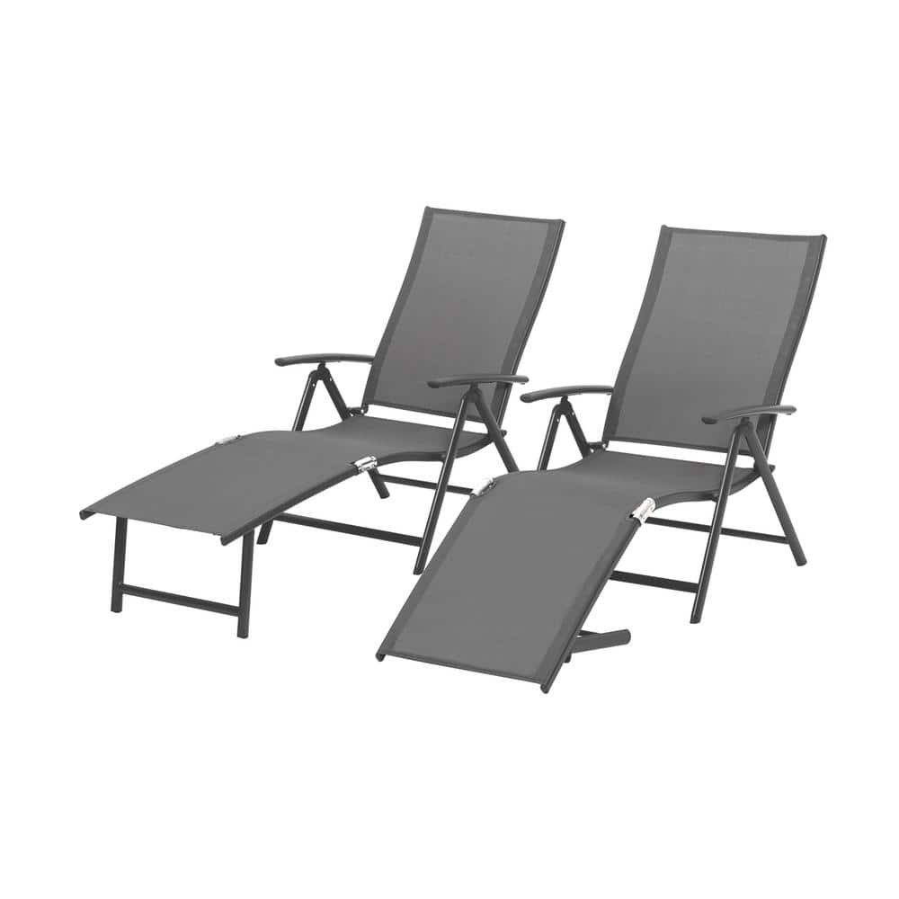 Gray Aluminum Adjustable Outdoor Chaise Lounge Set with Arms