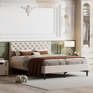 Beige Wood Frame Queen Size Platform Bed with Linen Upholstered