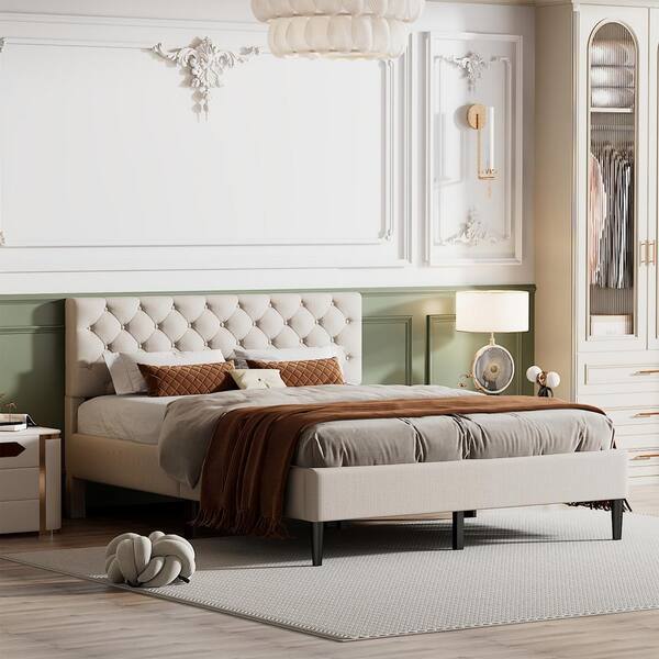 Polibi Beige Wood Frame Queen Size Platform Bed with Linen Upholstered