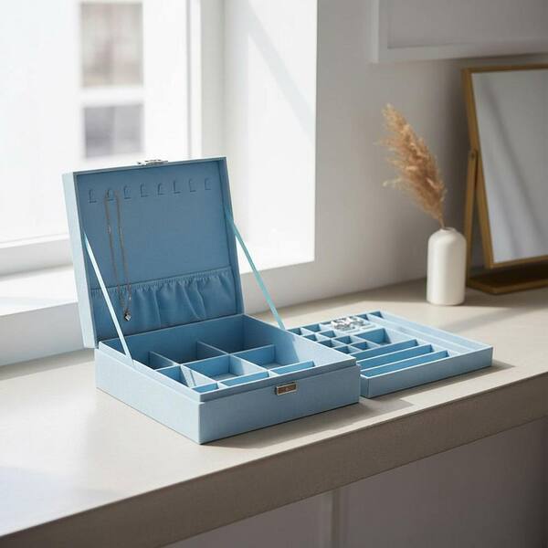 2-Layer Lockable Jewelry Box with Handle (Blue), 10.23 in. x 10.23