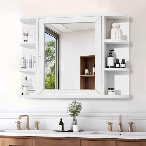 White 23 in W x 31 in. H Modern Rectangle Mirror Cabinet Wood Framed Mirror