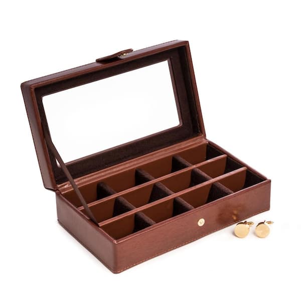 BEY-BERK Brown Leather 12-Cufflink Box