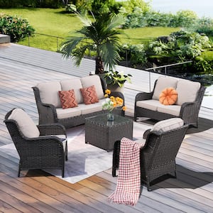 Mona Lisa Brown 5-Piece Wicker Outdoor Patio Conversation Seating Set with Beige Cushions