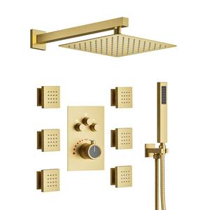 7-Spray Patterns Shower Faucet Set 12 in. Wall Mount Dual Shower Heads 2.5 GPM with 6-Jets in Brushed Gold