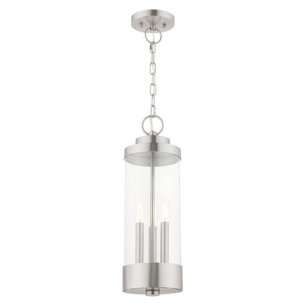 Brushed Nickel 3-Light Indoor/Outdoor Pendant Lantern with Clear Glass