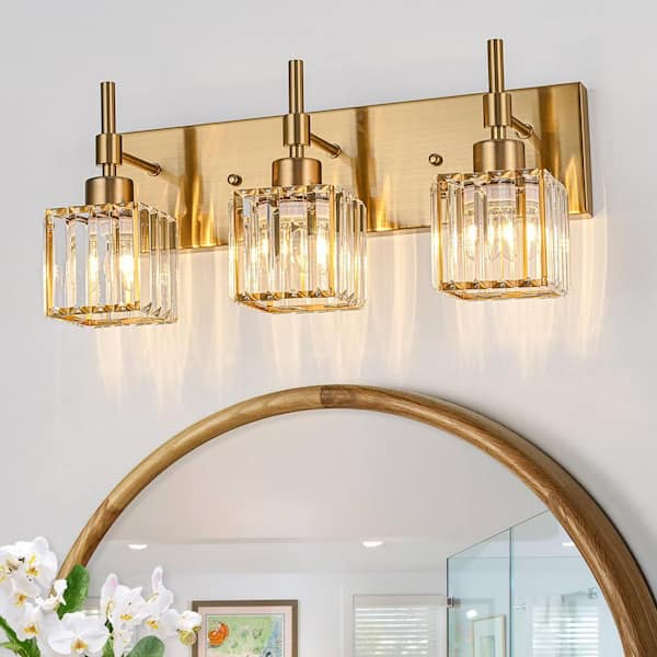 Orillia 19.3 in. 3-Light Gold Crystal Bathroom Vanity Light with Shades for Bathroom Powder Room Kitchen