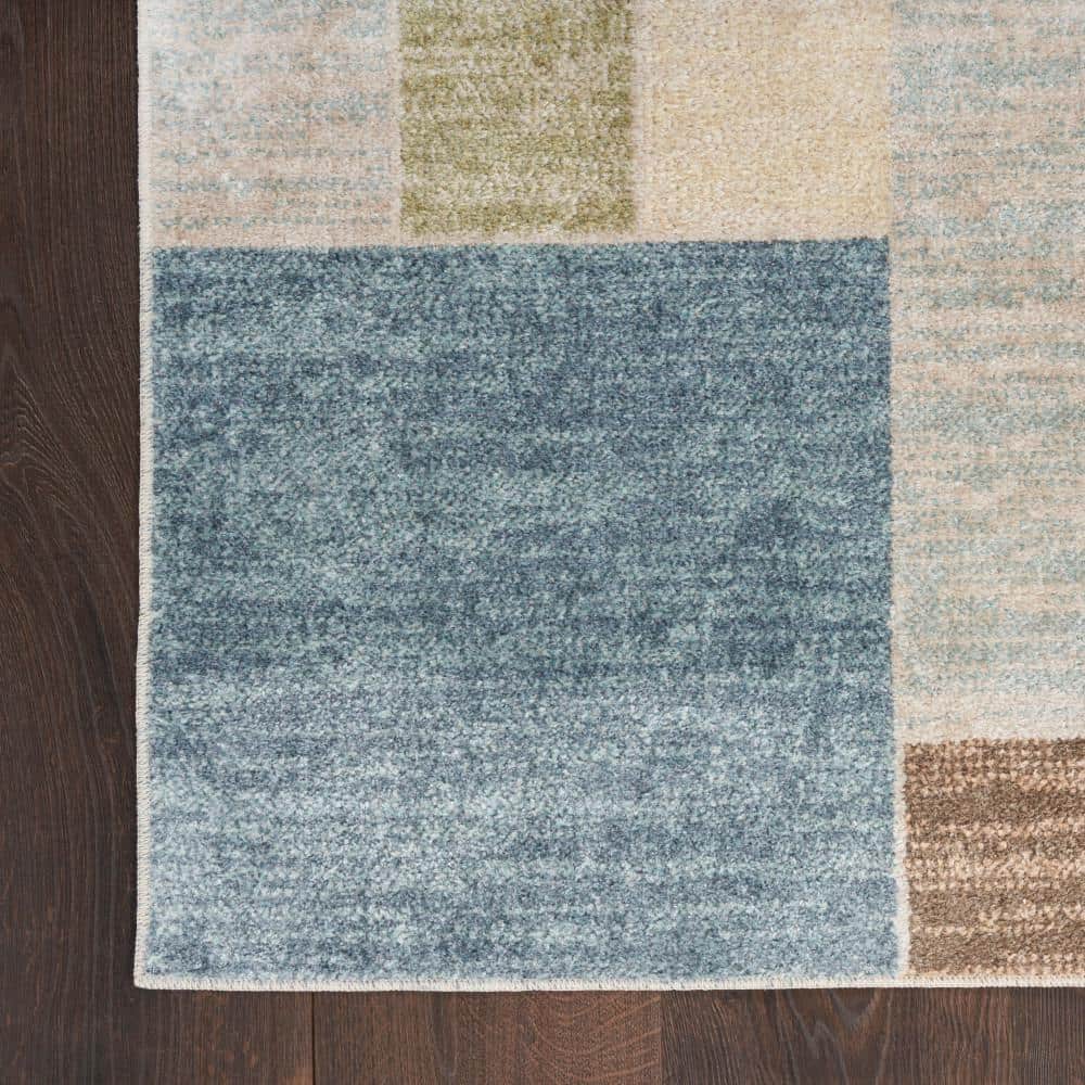 Blue Green Multi Rectangular Washable Synthetic Rug