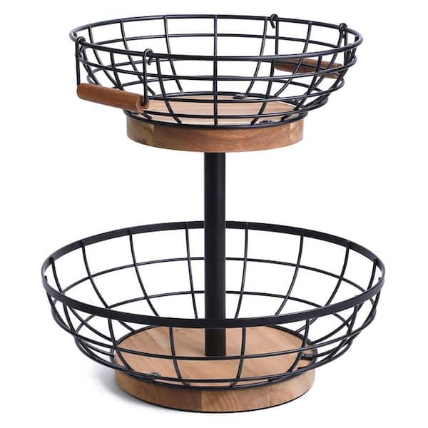2-Tier Piece Metal Fruit Basket Bowl Set, with Wooden Base, Fruit and Vegetable Storage with Banana Hanger for Kitchen