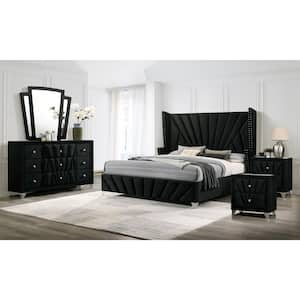 Leventina 5-Piece Velvet Upholstered Black Queen Bedroom Set