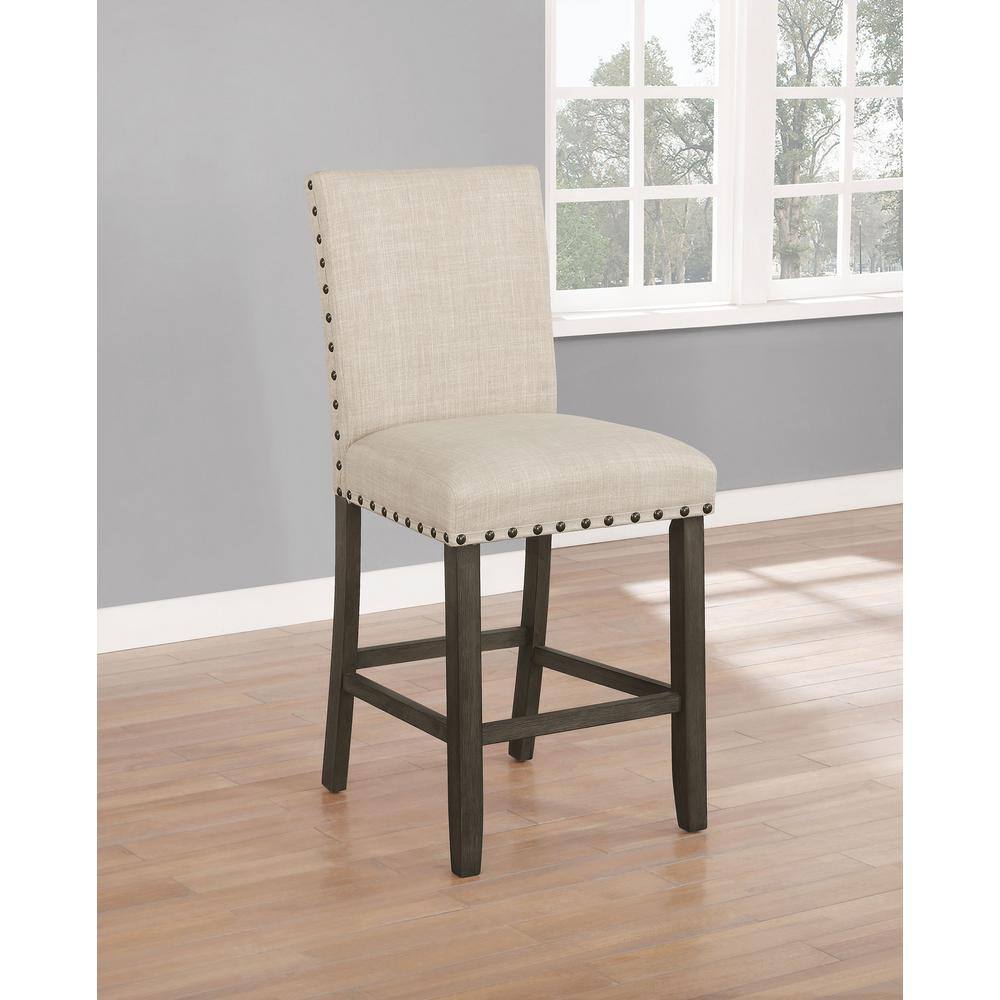 Beige Upholstered Counter Stools with Nailhead Trim, Set of 2