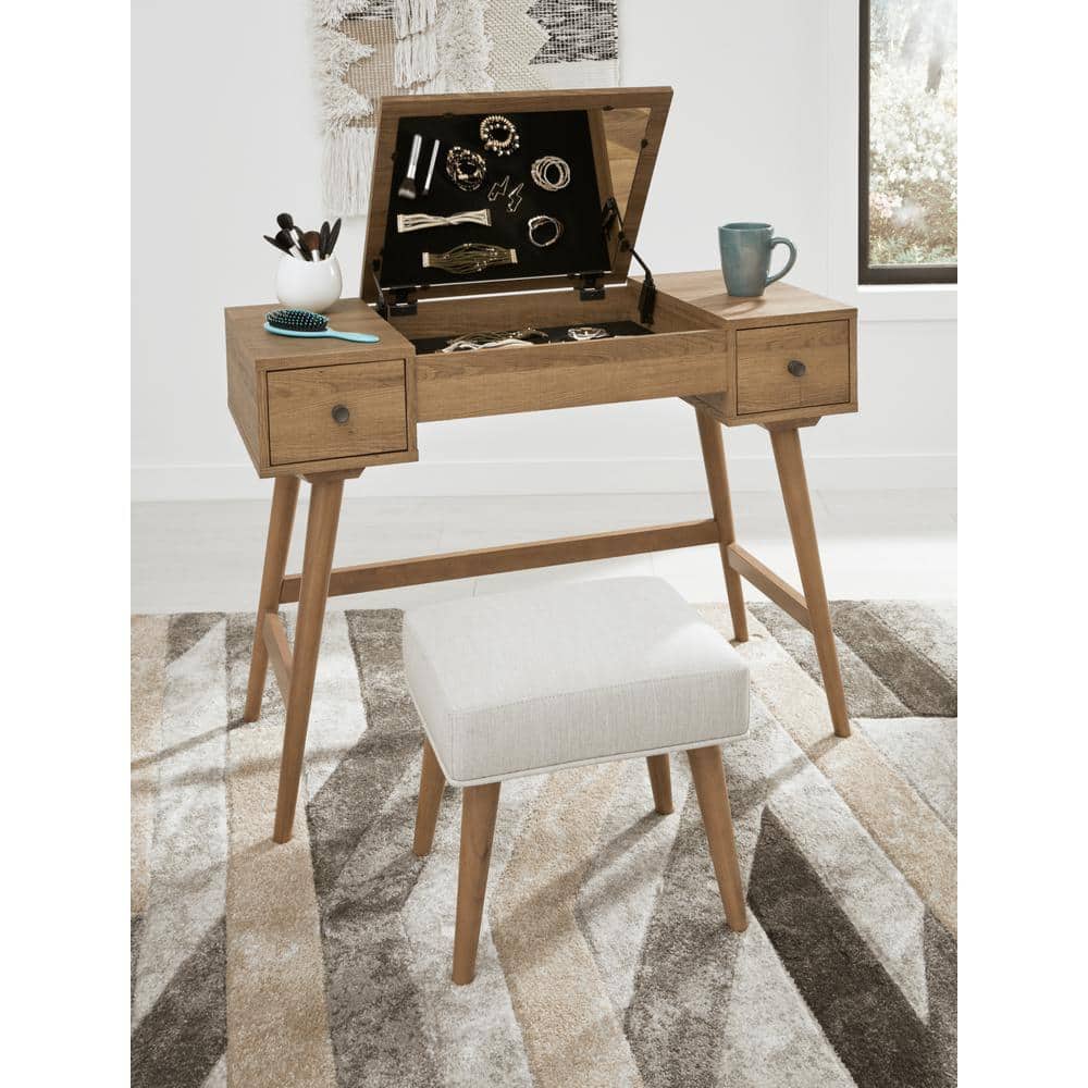 Light Brown and White 2-Drawer Vanity with Upholstered Stool