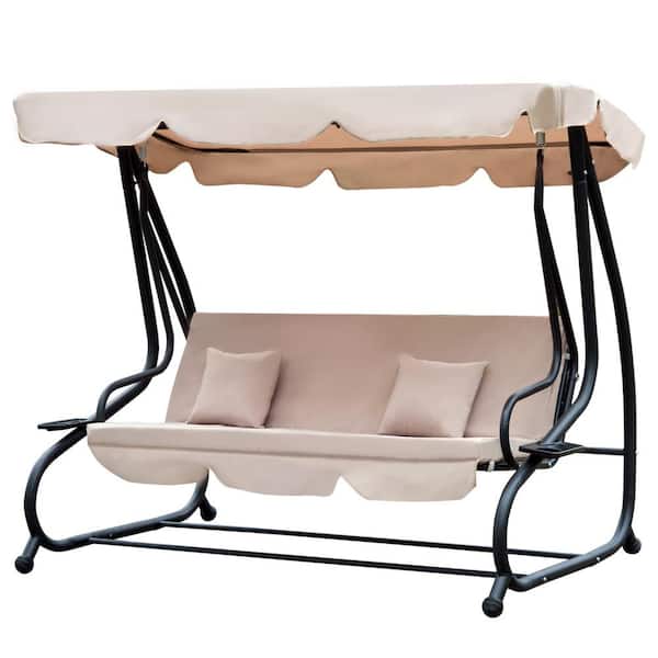 FORCLOVER 3-Seat Black Metal Free Standing Canopy Patio Swing Bench with Light Brown Cushions and Pillows