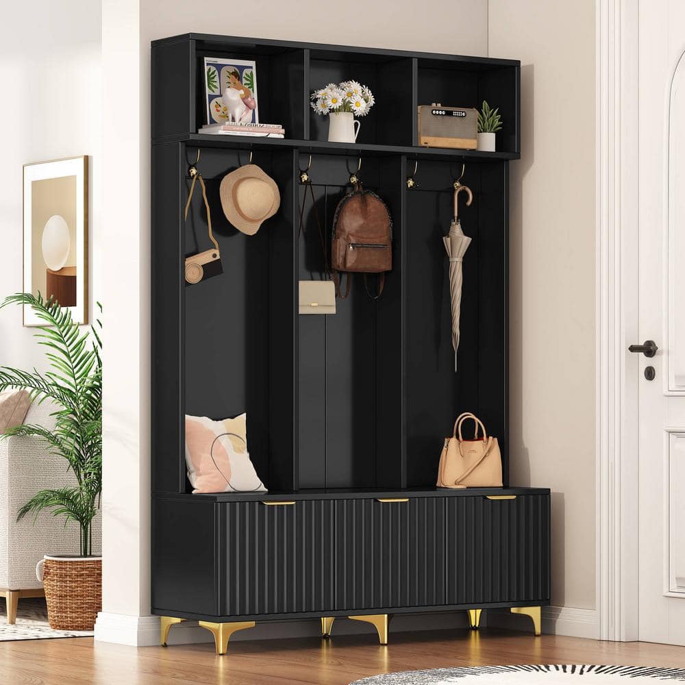 Modern Large Storage Hall Tree with Bench, High Gloss Fluted Doors, 6 Gold Hooks and Legs, Black/Gold price history on PriceWatchPro