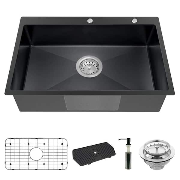 33 in. Drop-In Single Bowl 11-Gauge Black Stainless Steel with Grid, Soap Dispenser, Faucet Mat and Strainer