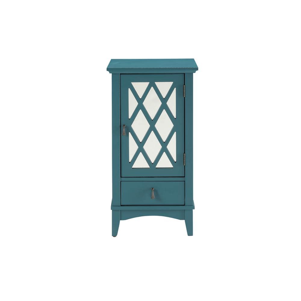 Teal Mirrored Glass Door Accent Table with Storage