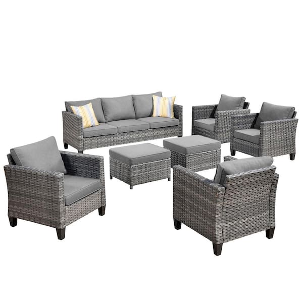 OVIOS Positano Gray 7-Piece Wicker Patio Conversation Set with Dark Gray Cushions