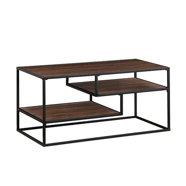 Modern 40 in. Dark Walnut/Black Rectangle Wood and Metal Coffee Table with 2-Shelves