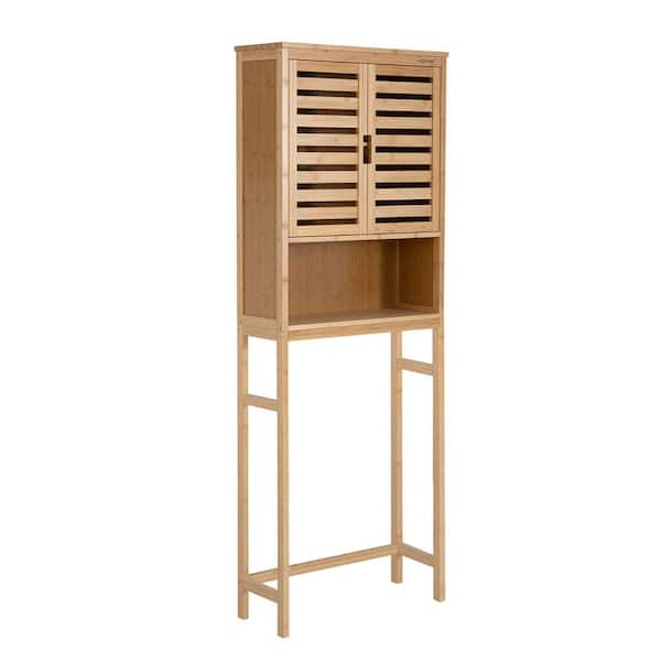 ANGELES HOME 24.5 in. W x 9 in. D x 67 in. H Brown Bamboo Bathroom Over-the-Toilet Cabinet with Adjustable Shelf and Louvered Doors