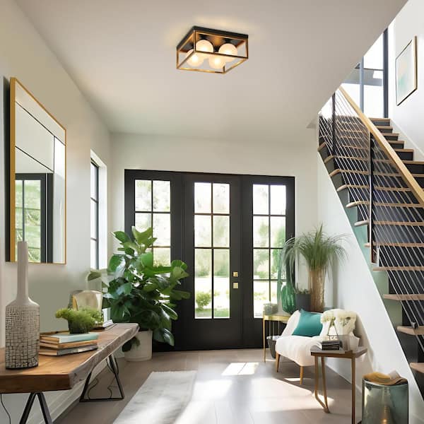 Modern 14 in. 4-Light Brass Flush Mount Light with Globe Frosted Glass Shade, Rustic Black Square Foyer Ceiling Lamp