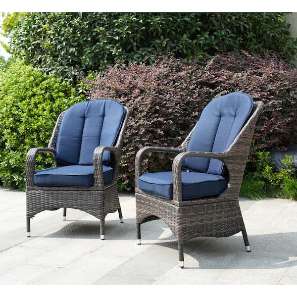 DIRECT WICKER Parcel Brown Wicker Outdoor Dining Chair with Navy Blue Cushions (2 of Chairs Included)